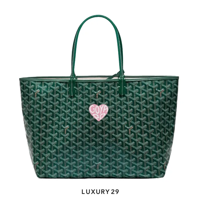 Goyard Saint Louis PM Bag Green Hand-Painted Heart Pink