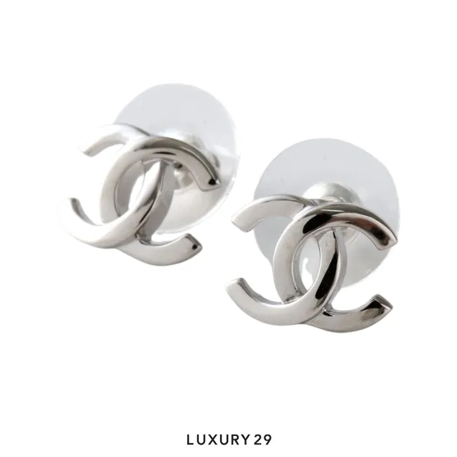 Chanel Stud Earrings CC Mark Silver