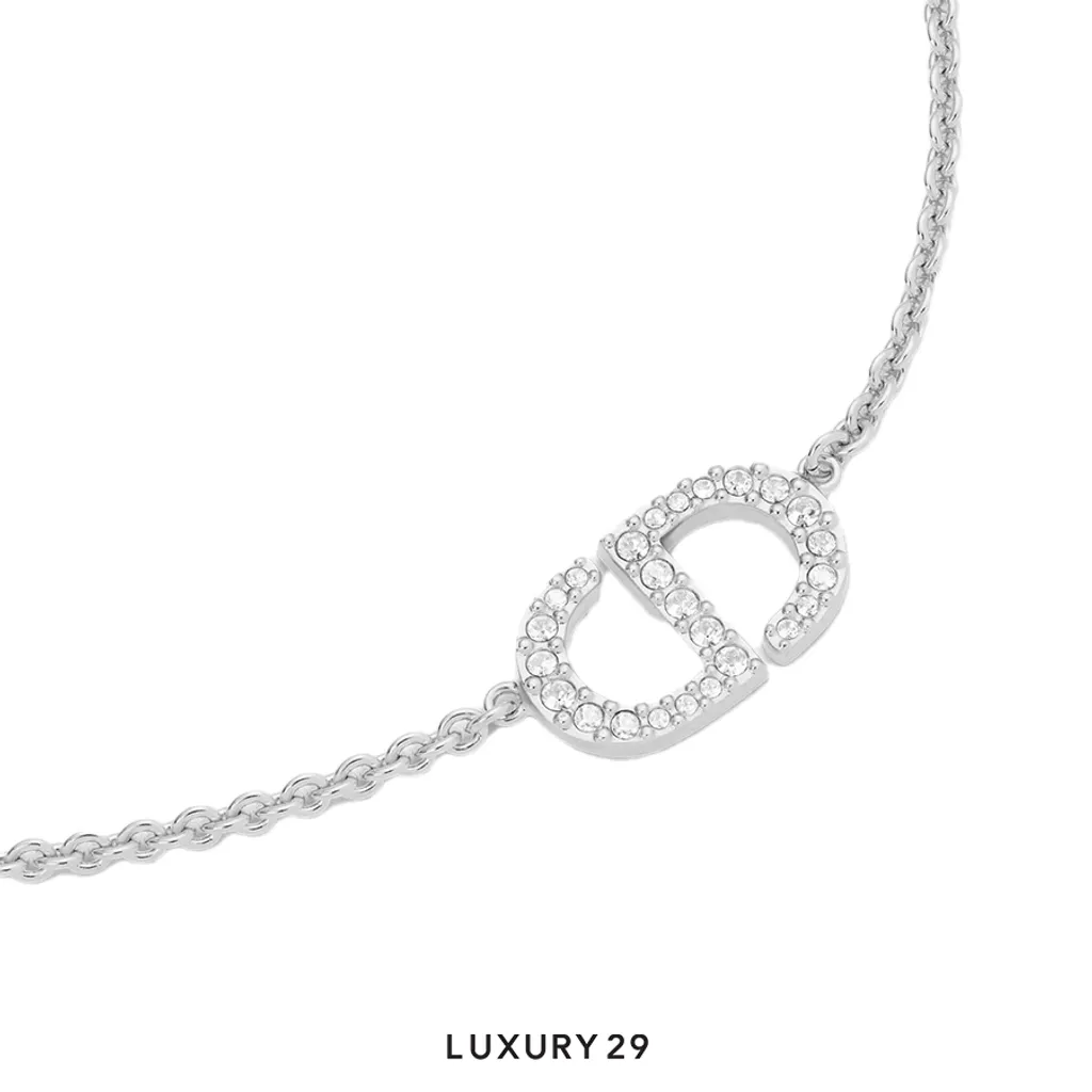 Dior Petit CD Necklace Silver-Finish Metal and White Crystals(Free Size, Silver)
