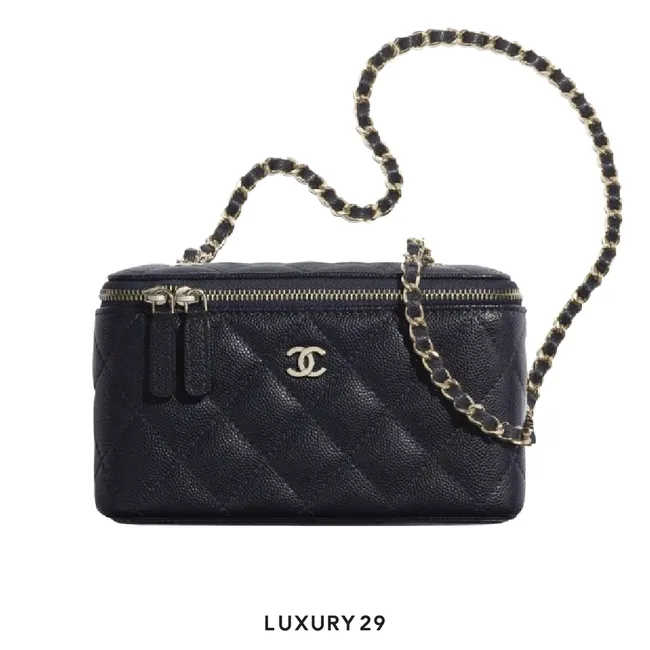  Chanel CC Top Handle Long Vanity Case With Chain In Black Shiny Caviar With Light Gold Hardware