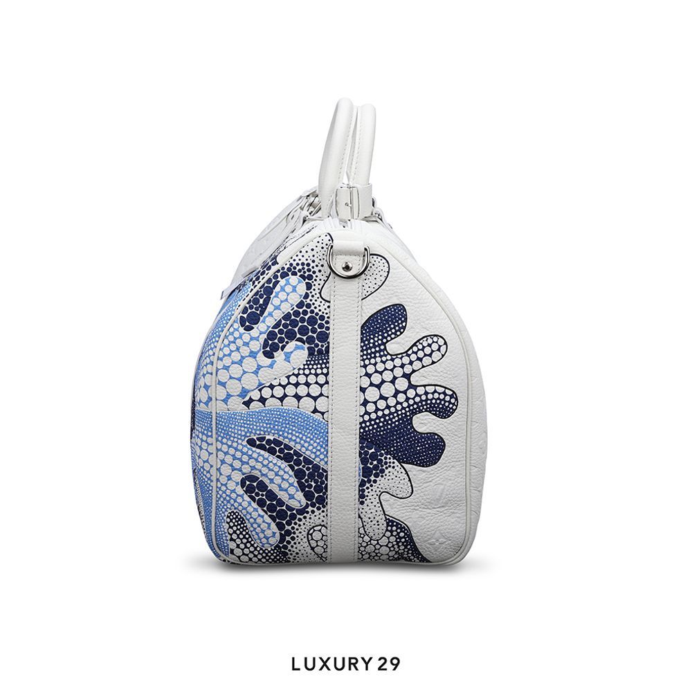 Louis Vuitton LV x YK Keepall Bandouliere 50 Bag White Taurillon Monogram cowhide leather with Psychedelic Flower print(Medium, White)