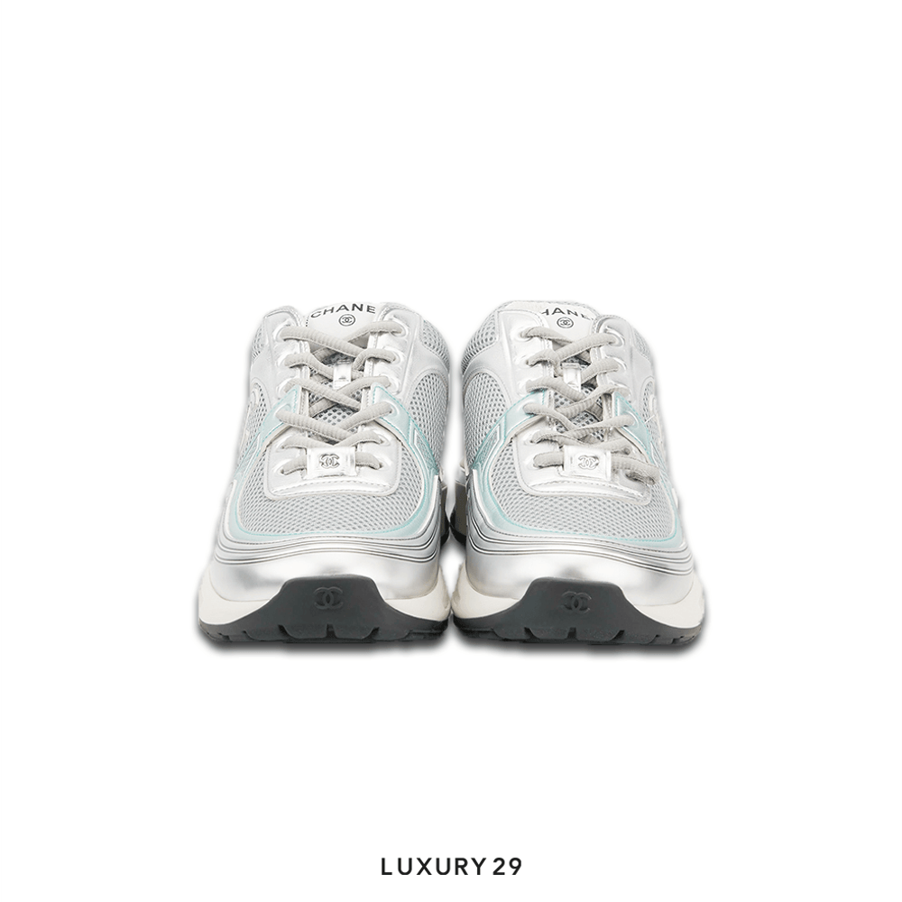 Chanel Trainers Fabric & Laminated Light Gray & Silvered(44, Grey)