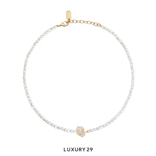 Dior Precious Clover Necklace Gold-Finish Metal, White Resin Pearls, Crystals and Pink Lacquer