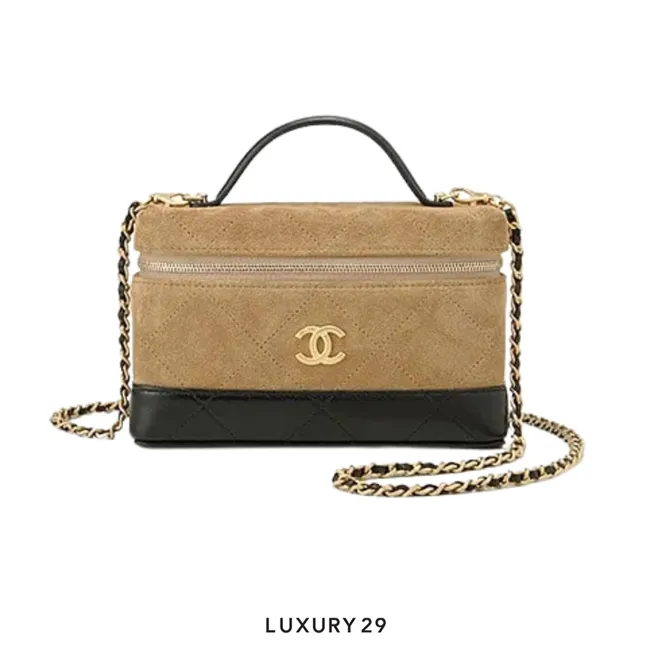 Chanel Top Handle Vanity Case Suede Calfskin with Chain and Shiny Lambskin with gold-tone metal hardware