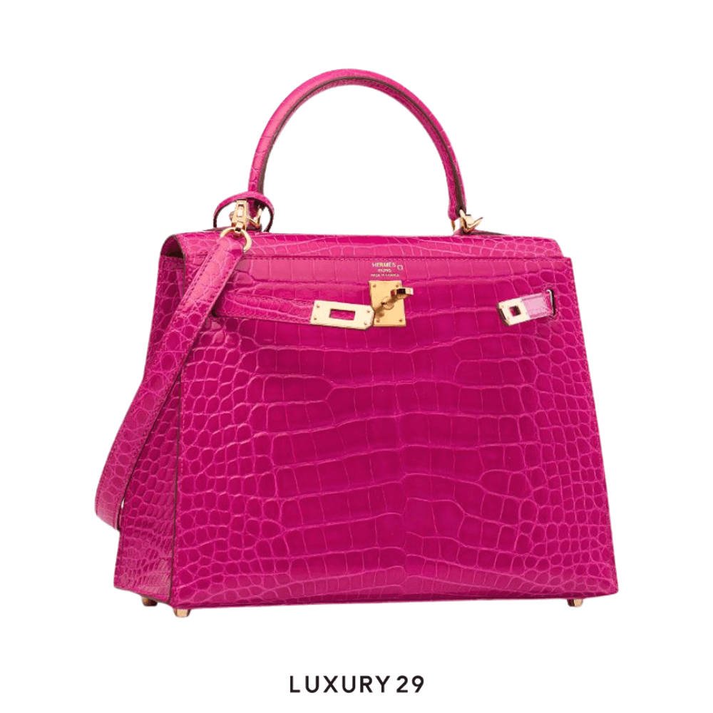 Hermes Kelly Retourne 25 Rose Sheherazade Lisse Alligator Gold Hardware / B Stamp (2023)(Small, Pink)