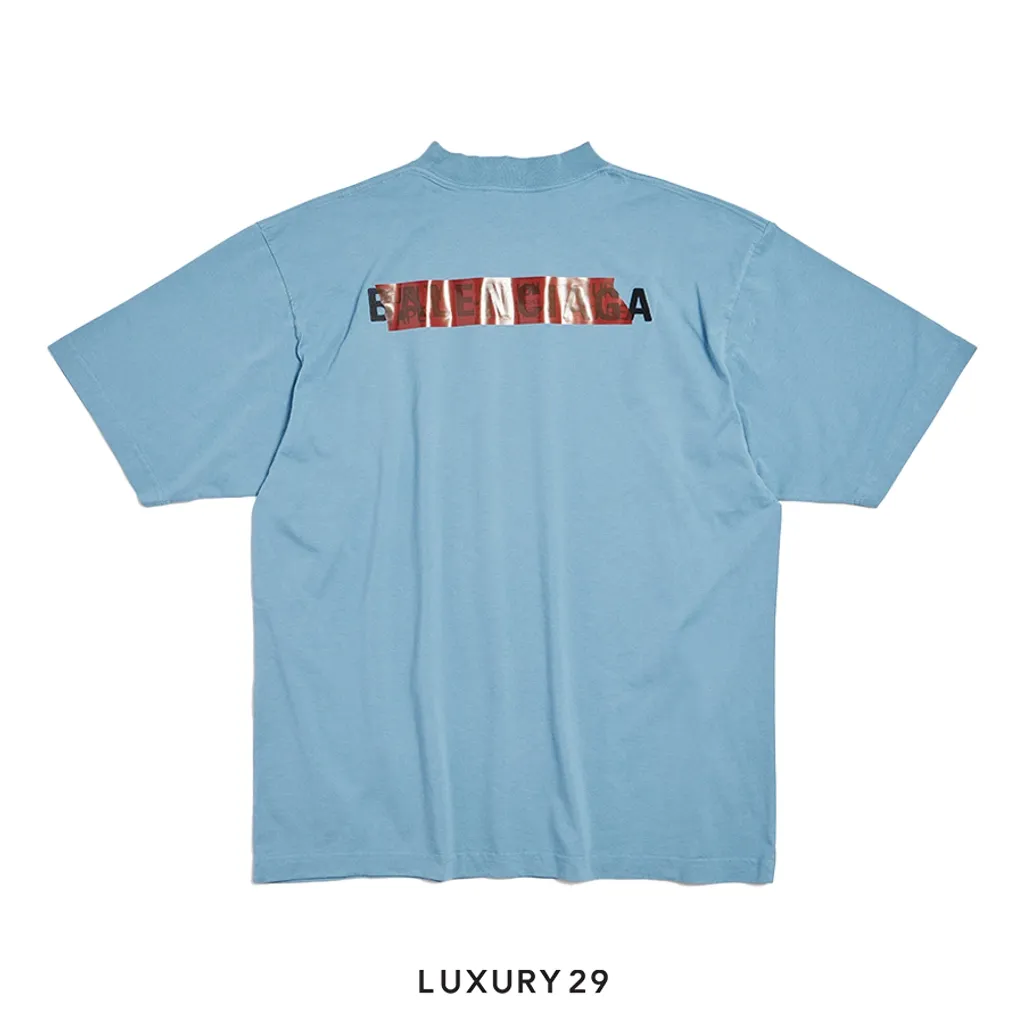 Balenciaga Men's Taped Balenciaga Back T-shirt Medium Fit in Grey Blue(S, Blue)