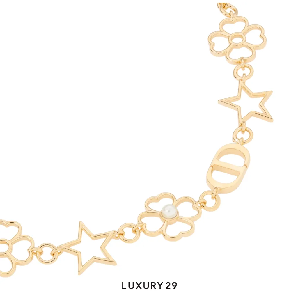 Dior Lucky Lace Necklace Gold-Finish Metal and White Resin Pearl(Free Size, Gold)