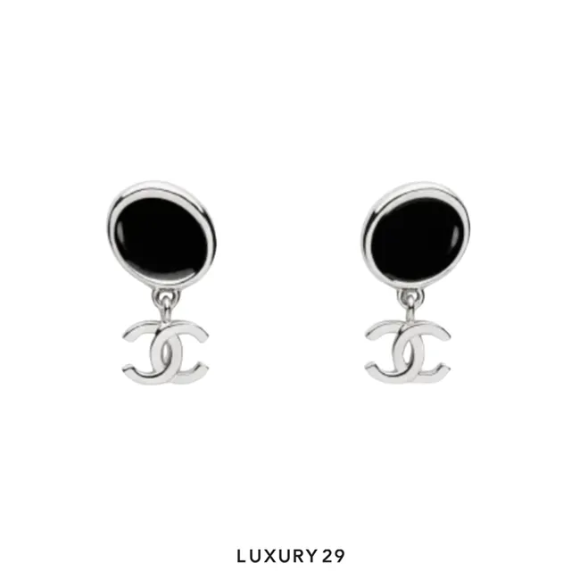 CHANEL Earrings CC Mark Black Metal Silver