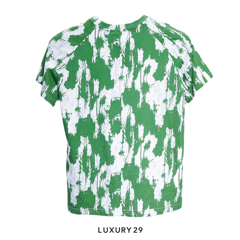 Kid Dior T-shirt Green and White Camouflage Printed Cotton Jersey(8A, Green)