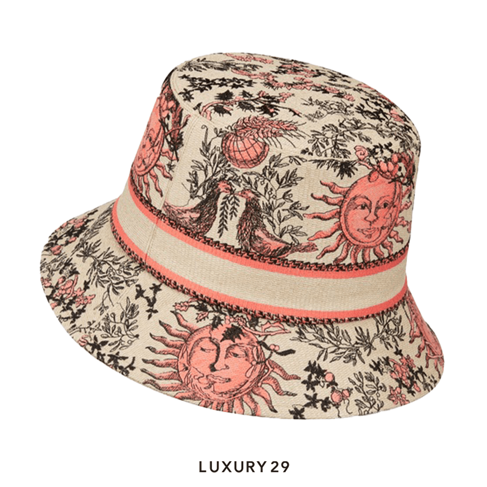 Dioriviera D-Bobby Toile de Jouy Soleil Small Brim Bucket Hat Coral and Beige Embroidery(Free Size, Orange)