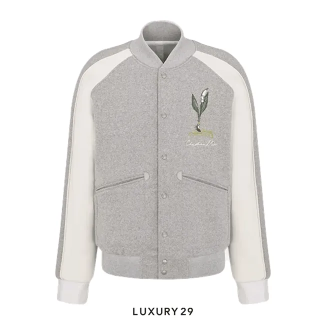 Dior Lily of the Valley Varsity Jacket Gray Cotton Fleece