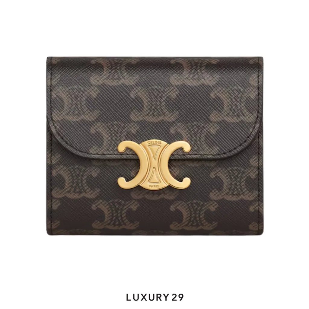 Celine TRIOMPHE wallet with flap closure Triomphe canvas Tan(Small, Brown)