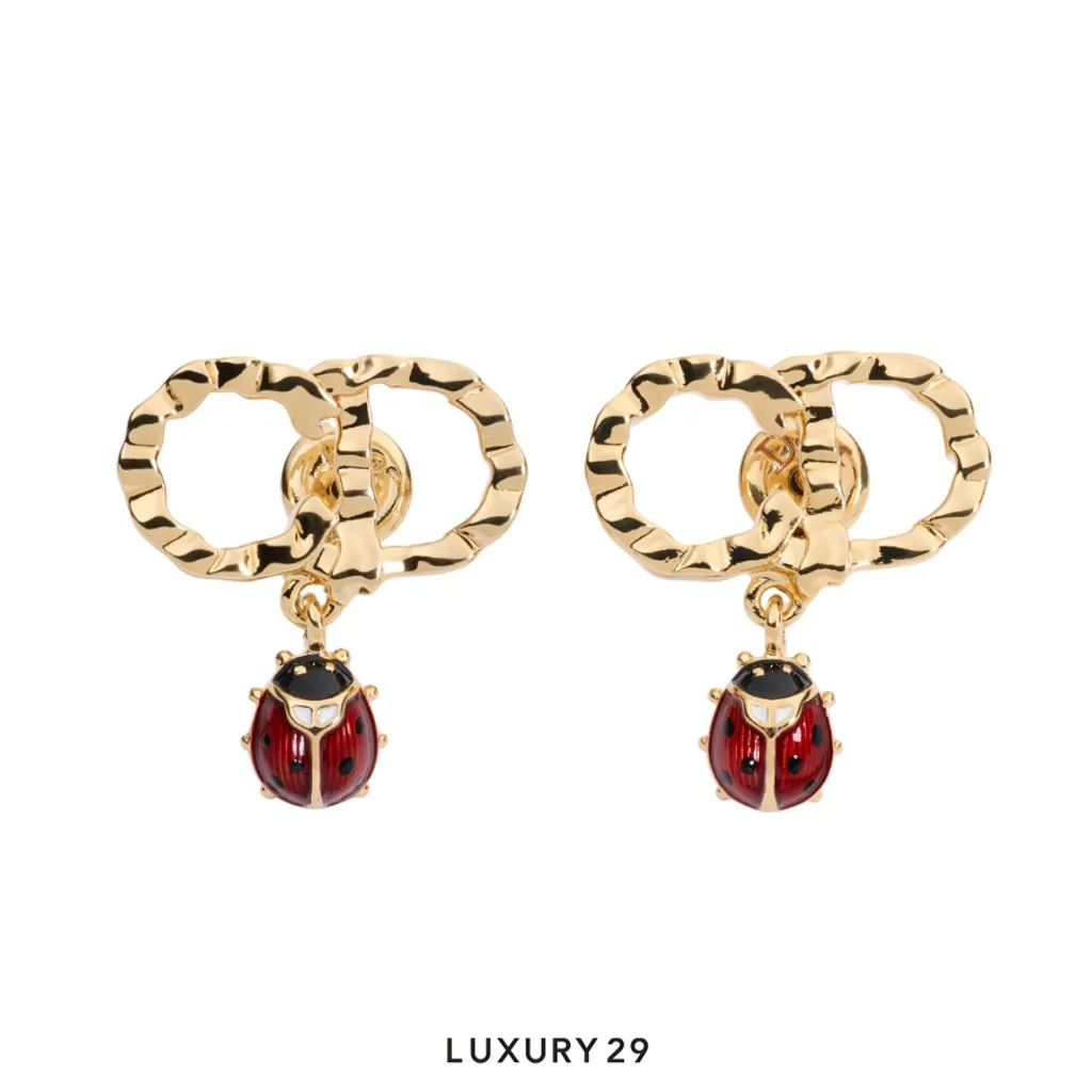 Dior CD Lady Twist Earrings, Qixi model Gold-plated metal decorated with red and black enamel(Free Size, Gold)
