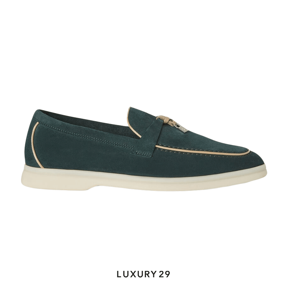 Loro Piana Summer Charms Walk Loafers Suede Goatskin Emerald Noire(36.5, Green)