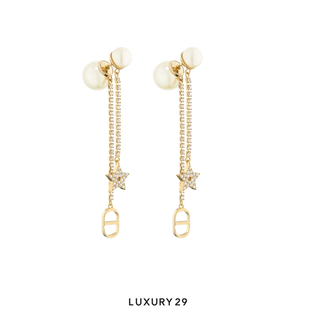 Dior Tribales Earrings Gold-Finish Metal with White Resin Pearls and Silver-Tone Crystals(Free Size, Gold)