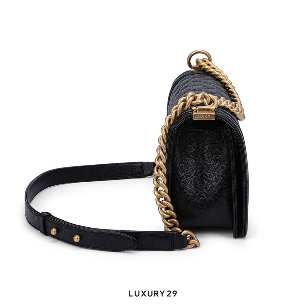 Chanel Old Medium Boy Bag Black Lamskin Gold Hardware(Medium, Black)