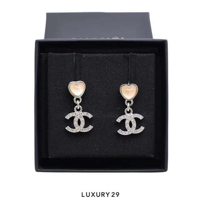 Chanel Crystal Heart Dangle CC Earrings