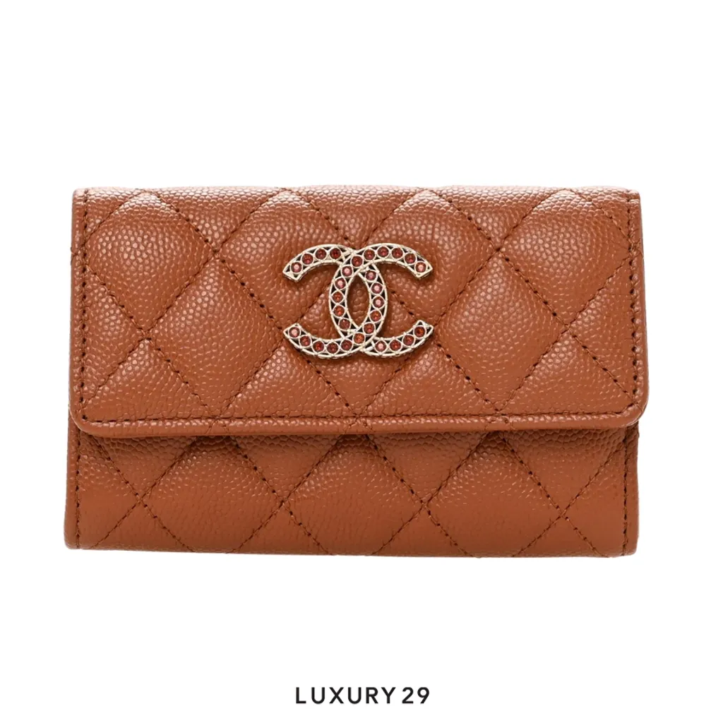 Chanel 23P Rose Beige Caviar Quilted Flap O Card Holder(Small, Brown)