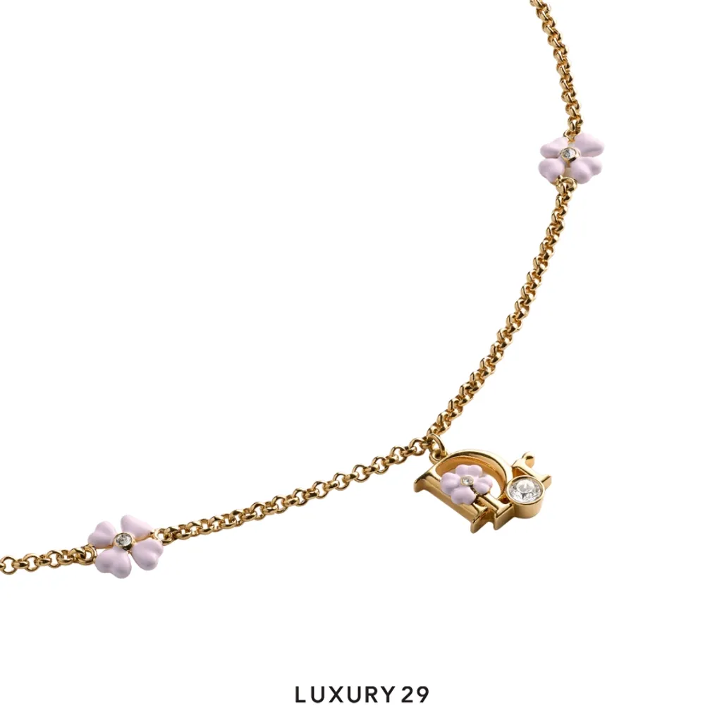 Dior Precious Clover Necklace Gold-plated metal, crystals, and pink enamel(Free Size, Gold)