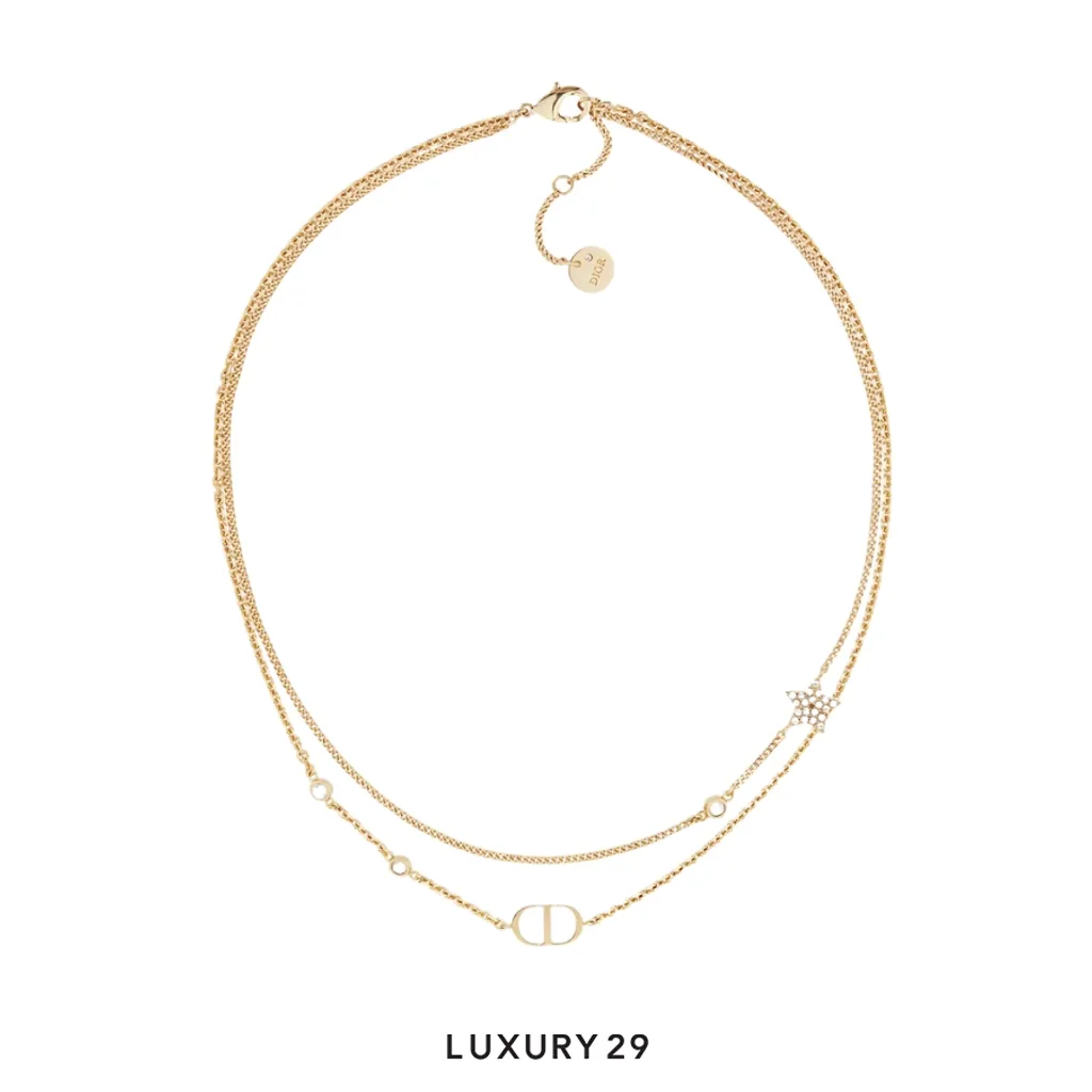 Dior Petit CD Double Necklace Gold-Finish Metal and White Crystals(Free Size, Gold)