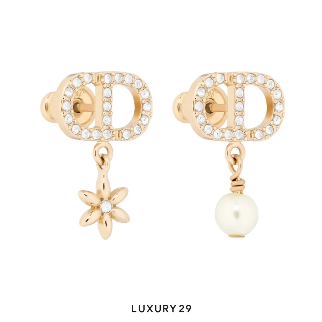 Dior Petit CD Daisy Earrings Pale gold-tone metal, white resin pearl, silver-tone crystal(Free Size, Gold)