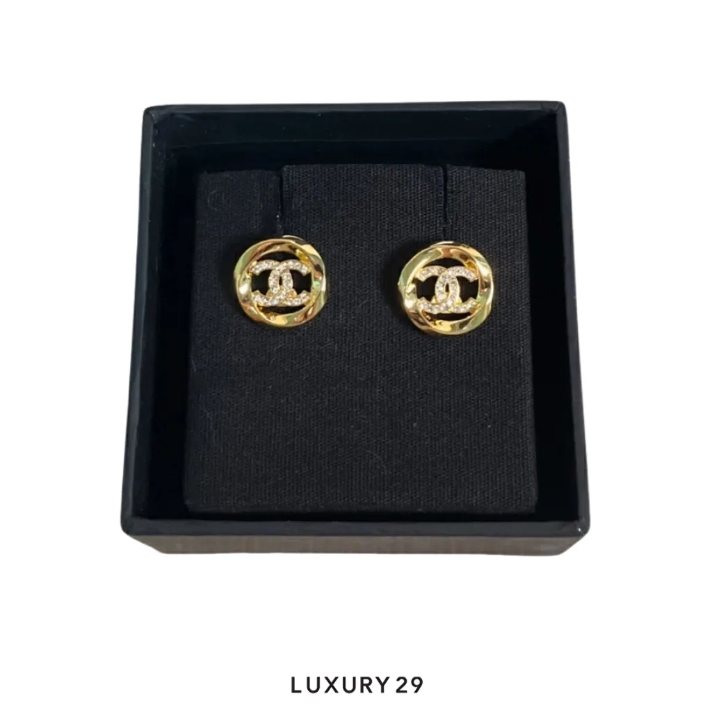 Chanel CC button earrings gold-plated finish with a twisted border and rhinestone-embedded interlocking logos(Free Size, Gold)