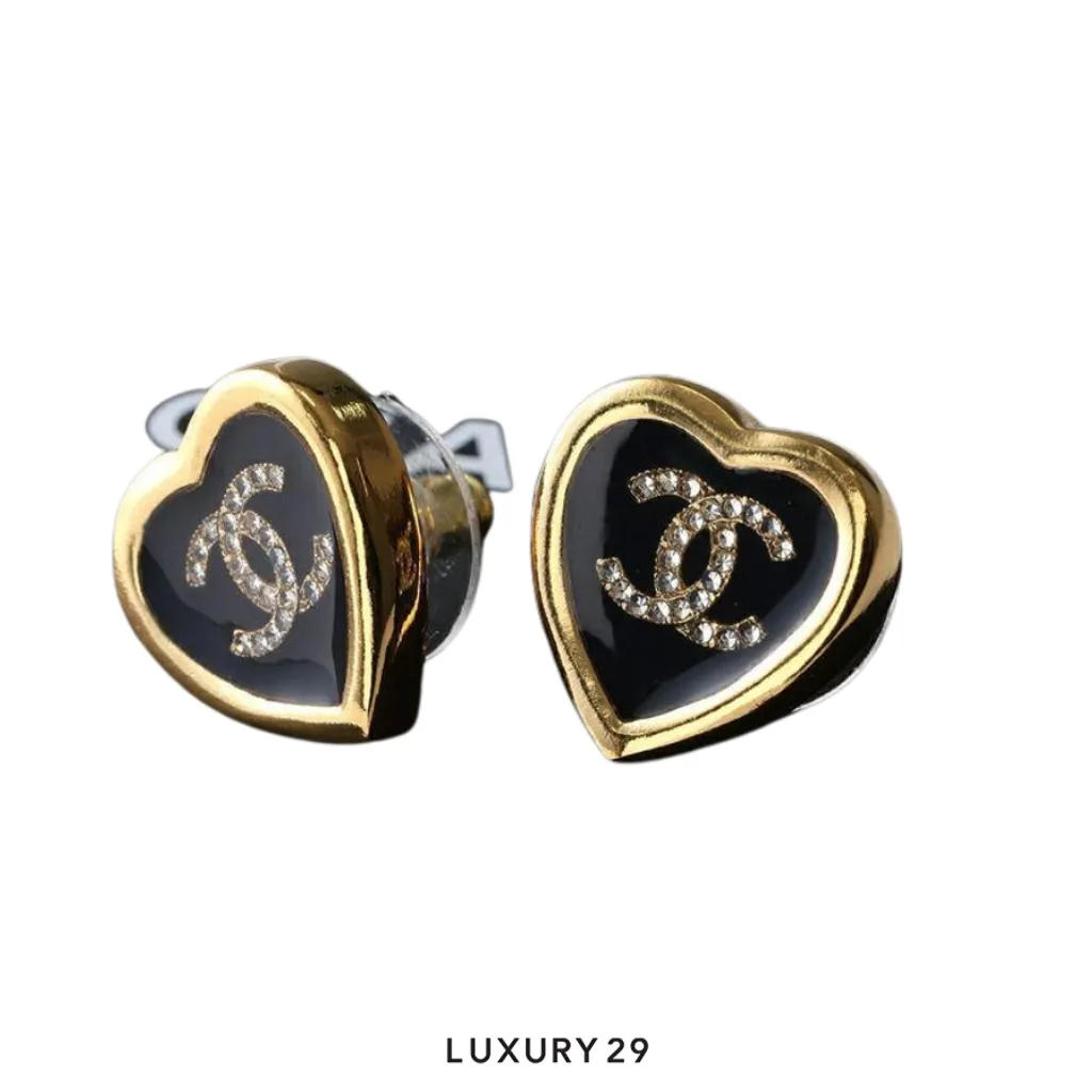 Chanel Heart Heart Black Gold Earrings(Free Size, Gold)